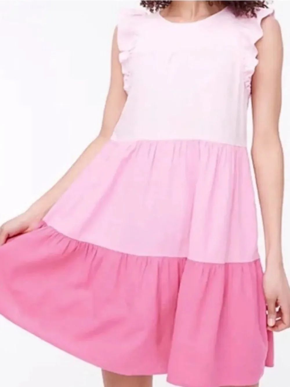 J. Crew Linen Blend Ruffle Sleeve Tiered Mini Dress Pink Stripe Womens 12 Petite